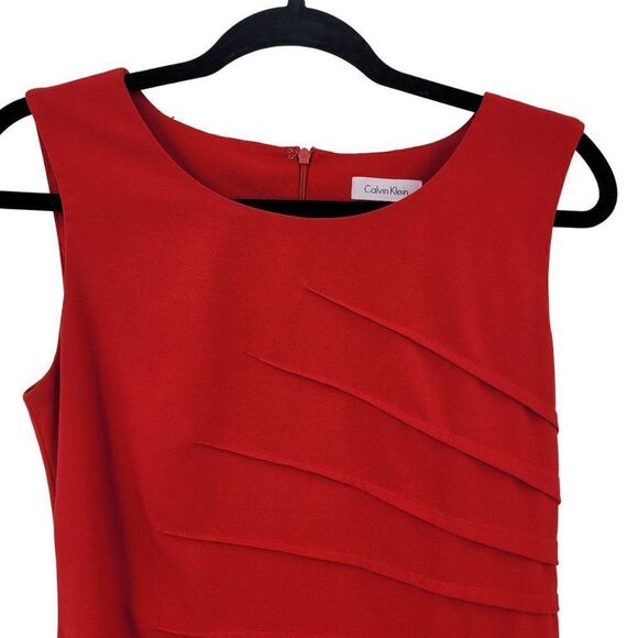 Calvin Klein Sleeveless Sheath Dress 6 Red Starburst Ruched Tea Length Holiday - Picture 6 of 12